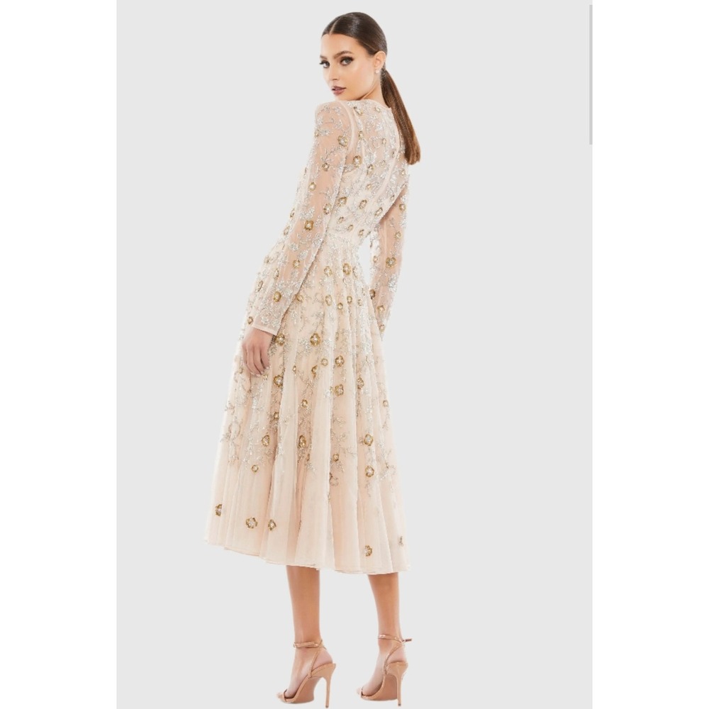 Mac Duggal 10799 Nude Beaded Floral Long Sleeve Midi Dress NWT Size 2